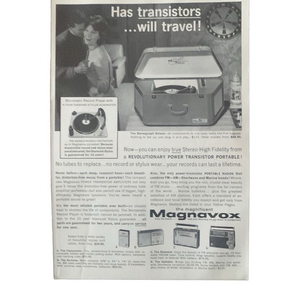 Vintage 1962 Magnavox Has Transistors Will Travel Ad Advertisement
